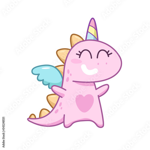 Dinocorn, dinosaur unicorn cute hand drawn doodle. Funny cartoon monster or dragon. Dinosaur girl unicorn for print design. Pink Gragon Unicorn or dinosaur  doodle art for kids design. Isolated vector