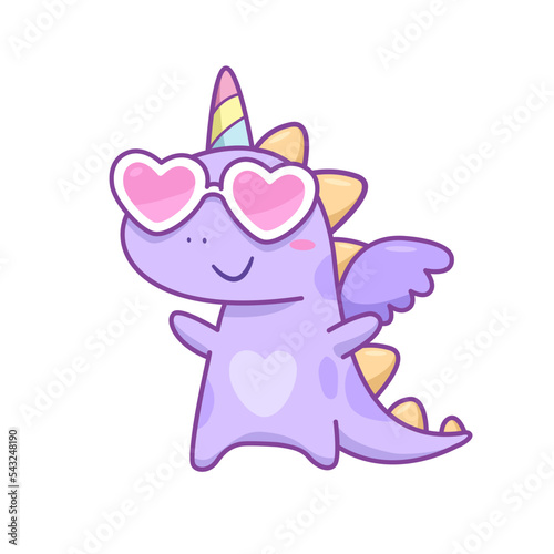 DinoCorn, dinosaur unicorn - funny hand drawn doodle. Cute cartoon dragon. Dinosaur girl unicorn for t-shirt textile design. Purple Gragon Unicorn or dinosaur hand drawn vector for kids design photo