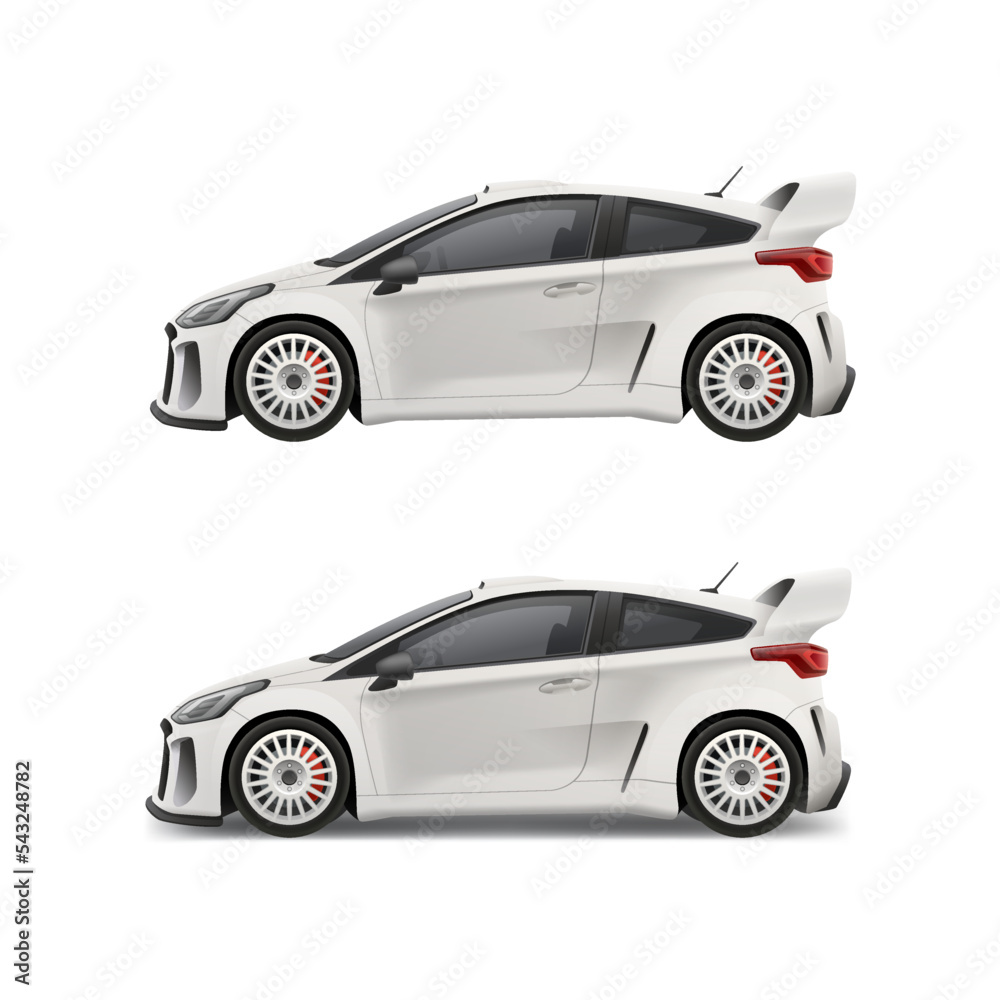 Side view Rally Racing car blank mockup for race decal design. Realistic Racing car isolated on white. Editable vector template