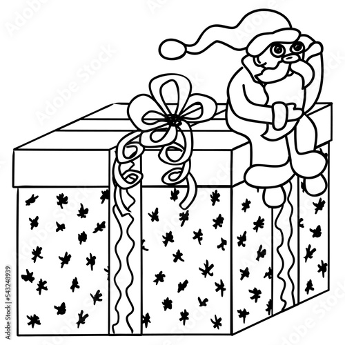 Cute little Santa Claus is sitting astride a big gift box with a bow with a thoughtful puzzled face. Black and white outline vector illustration for children coloring page