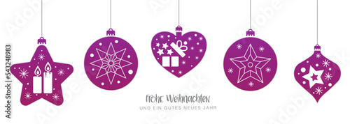 Frohe Weihnachten - Karte mit lila Christbaumkugeln und deutschem Text auf weißem Hintergrund