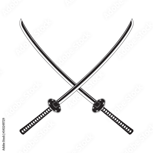 Vector illustration in monochrome of two samurai swords crossed as in a duel on a white background