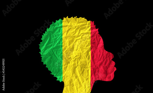 African woman silhouette with Mali national flag.