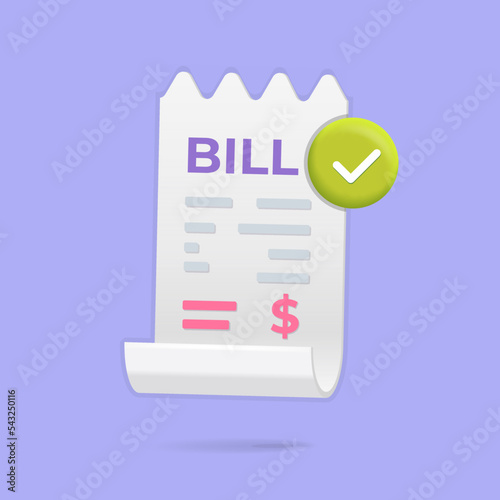 3d vector  done, approved payed Energy, tax, purchase bill invoice icon design with green check mark  isolated on white background. Cartoon plastic render Payment for electric utility receipt sign.