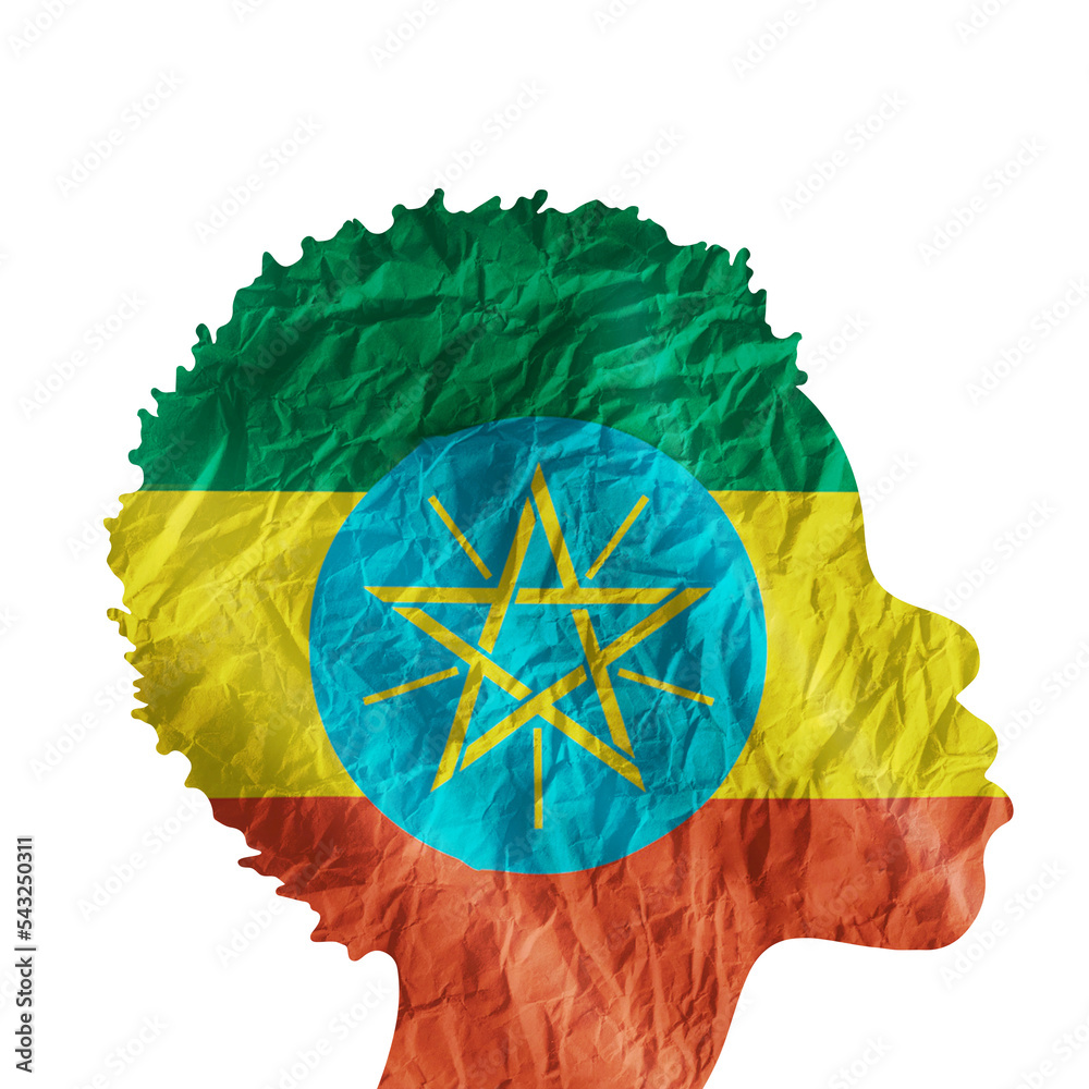 African woman silhouette with ethiopia national flag stock