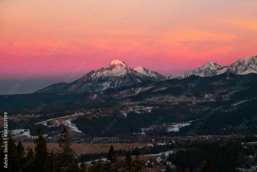 2022-03-27 view of the Tatra mountains at sunset at dusk. zakopane. poland