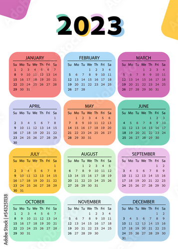 Vertical pocket calendar on 2023 year, rainbow square. template color calendar for business