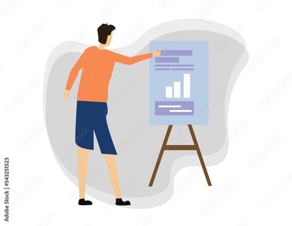 vector illustration boy explaining business with technology and standing conference illustration