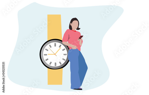 flat vector illustration girl standing with a clock and girl watching her phone and checking