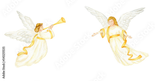 Christmas angels set watercolor illustration, Christian Nativity angel with wings isolated on a white background, design for religious baptism invitation, greeting card photo