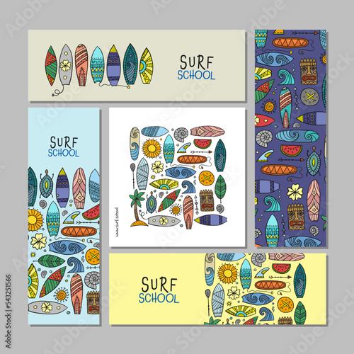 Surf boards collection, surfing time. Concept Art, frame and pattern backgrou...