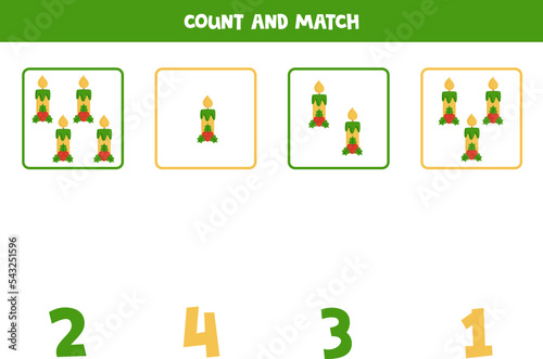 Counting game for kids. Count all candles and match with numbers. Worksheet for children.