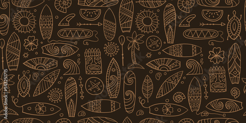 Surf boards collection, surfing time. Hawaii seamless pattern design for fabr...