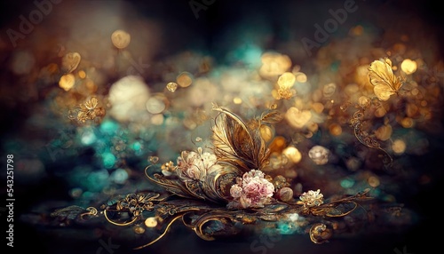 Delicate fabulous turquoise luxury background with magic flowers jewels and light effects.  Ai generated. © makstorm