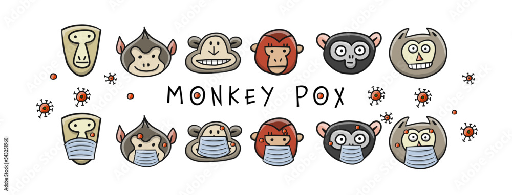 Monkeypox 2022 virus - disease transmitted by monkey. Concept art banner for your design. Monkey family with mask on face. Vector illustration
