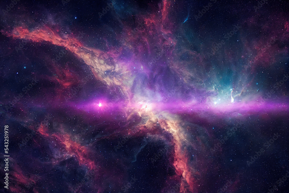 Fototapeta premium Cosmic Nebula in Deep Space, Vibrant Colors, Interstellar Clouds and Stars