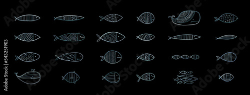 Funny fishes collection, vintage ethnic ornament. Childish style. Icons set f...