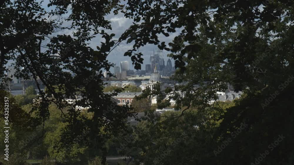 A glimpse of central London through tree branches.