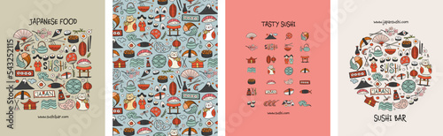 Concept Art, Japaneese Food and Traditions. Frame, background, tree, icons. Set for your design project - cards, banners, poster, web, print, social media, promotional materials. Vector illustration