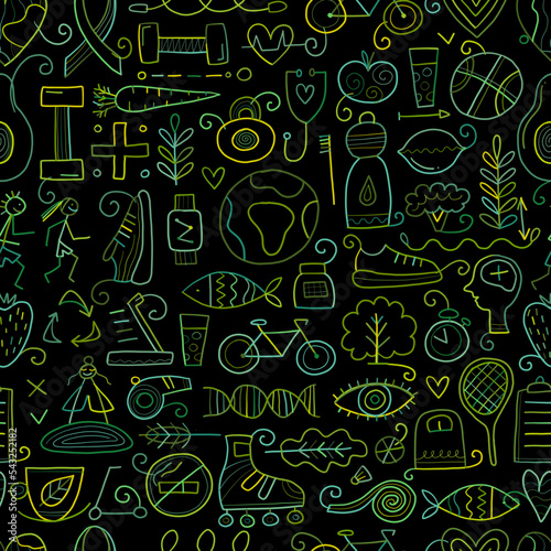 World health day. Seamless Pattern with healty lifestyle for your design. Vector illustration