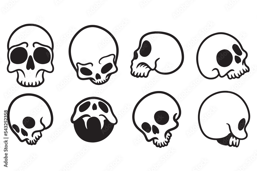 Naklejka premium Set of black and white skull sketches isolated on a white background