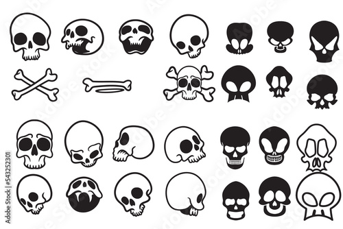 Set of black and white skull sketches isolated on a white background