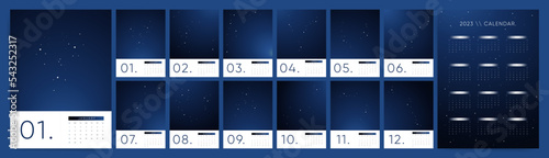 Calendar 2023 with starry sky in minimal modern style. Week starts Sunday. Aesthetics constellations design template vector.
