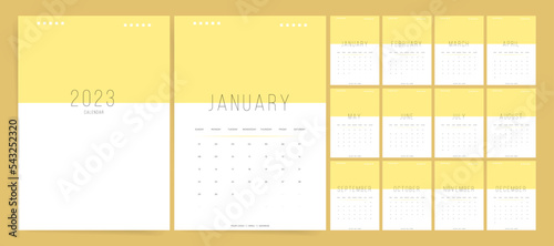 2023 calendar template. Week starts Sunday. Modern monthly calendar planner design for printing. Set of 12 pages desk or wall calendar. Cute dairy design in minimalist style.
