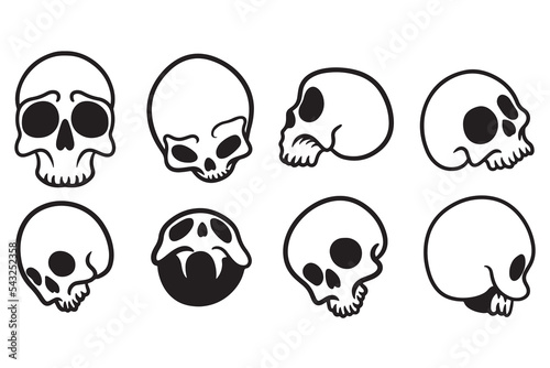 Set of black and white skull sketches isolated on a white background
