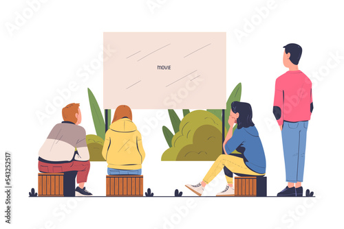 People Watching Movie Sitting in Open Air Cinema Together Vector Illustration