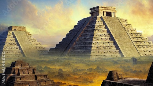 AI generated hyper-realistic digital illustration of ancient Mayan pyramids photo