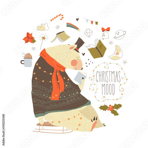 Merry Christmas greeting card. Cute Polar Bear wearing Sweater reading Book