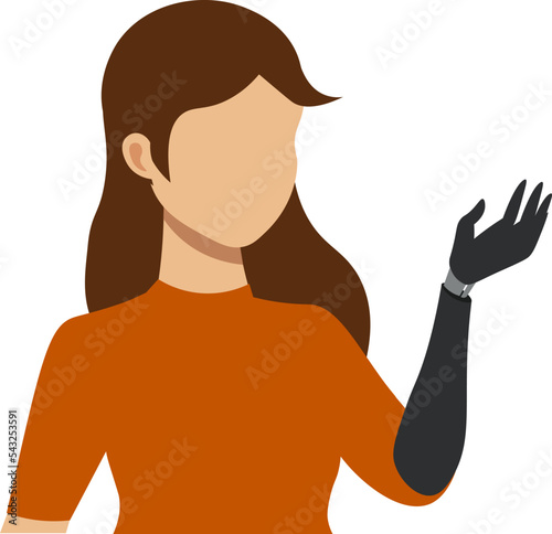 disabled girl with prosthetic arm isolated on white background  