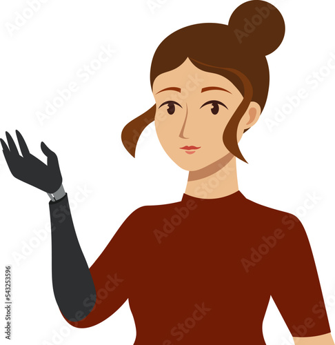 disabled girl with prosthetic arm isolated on white background  