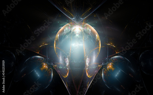 abstract illustration computer generated fantastic crystals of various shapes and shades on a black background for use in symbolism, signs for digital design and graphics