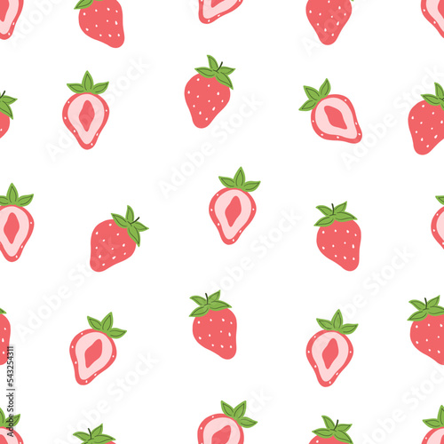 Seamless pattern with strawberry on white background. Exotic fruit fashion print. Hand drawn doodle repeating berries. Tropical wallpaper