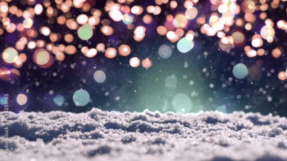 A Christmas lights bokeh background with animated snow falling seamless loop.