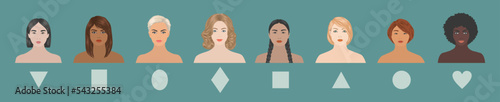 A set of different shapes of a female face.Portraits of girls of different ethnic groups and skin colors.Vector illustration.