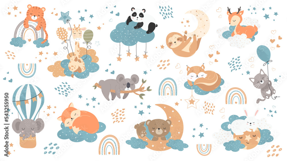 Naklejka premium Set of illustrations with little animals sleeping on the clouds, on the moon among the stars. Exotic and forest dwellers for children. Vector