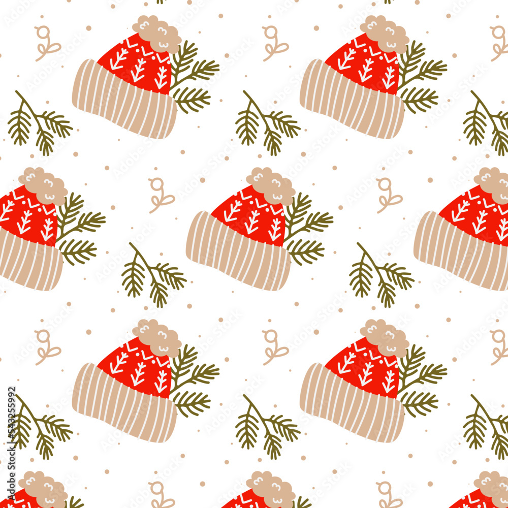 Seamless pattern christmas warm red hat with christmas tree branches. Cute handdrawn composition in flat style. Vector illustration Seamless pattern christmas warm red hat with christmas tree branches. Cute handdrawn composition in flat style. Vector illustration