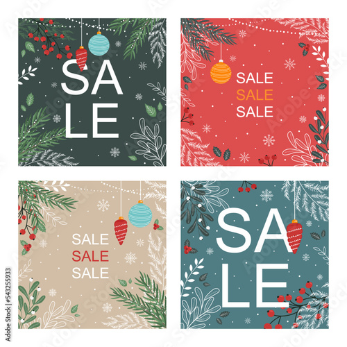 New Year square templates for social media posts with decorations, plants, branches, Christmas trees, decorations. Vector