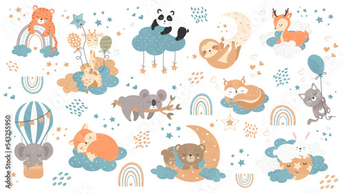 Set of illustrations with little animals sleeping on the clouds, on the moon among the stars. Exotic and forest dwellers for children. Vector