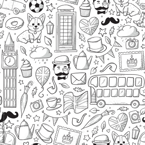 London and Great Britain seamless pattern with hand drawn doodles. Good for packaging, wrapping paper, coloring pages, stationary, wallpaper, textile prints, etc. EPS 10