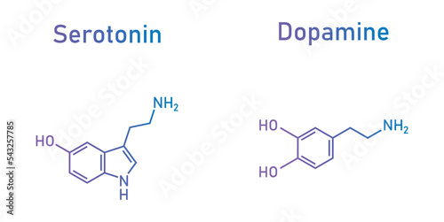 Dopamine and serotonin molecular structure. Scientific vector illustration isolated on white background.
