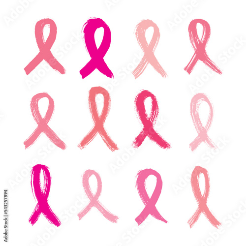 Set of pink ribbons cancer control symbol. Brush strokes.