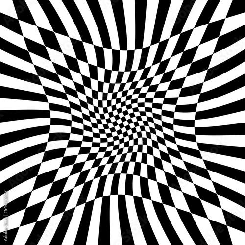 Abstract background design monochrome motion illusion checkered black and white torsion twisted backdrop. 