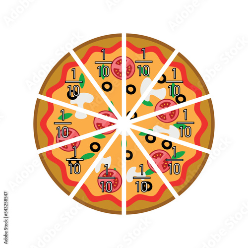 Ten tenths pizza fractions. Fraction for kids. Pizza slices. Fraction fun with pizza. vector illustration isolated on white background.