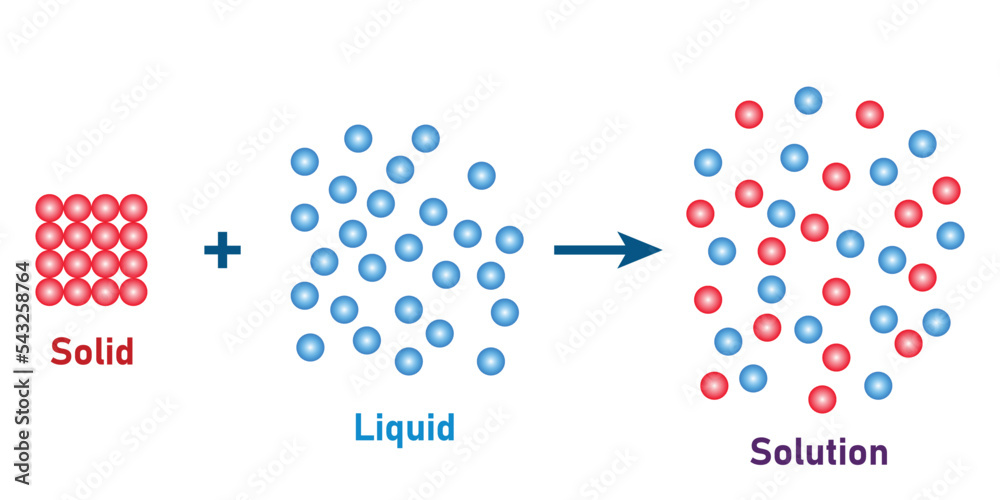 Solid dissolved in liquid diagram. Scientific vector illustration