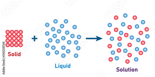 Solid dissolved in liquid diagram. Scientific vector illustration isolated on white background.