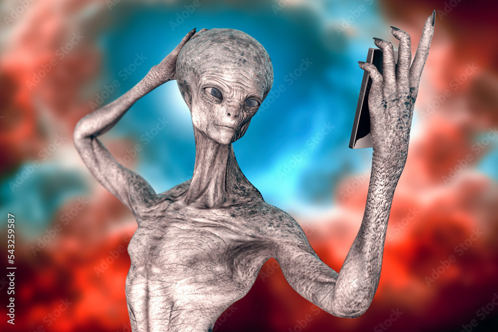 Humanoid alien makes selfie, illustration